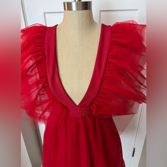 Plunging Neck Ruffle Trim Mesh Overlay Dress NWT - Picture 2 of 7